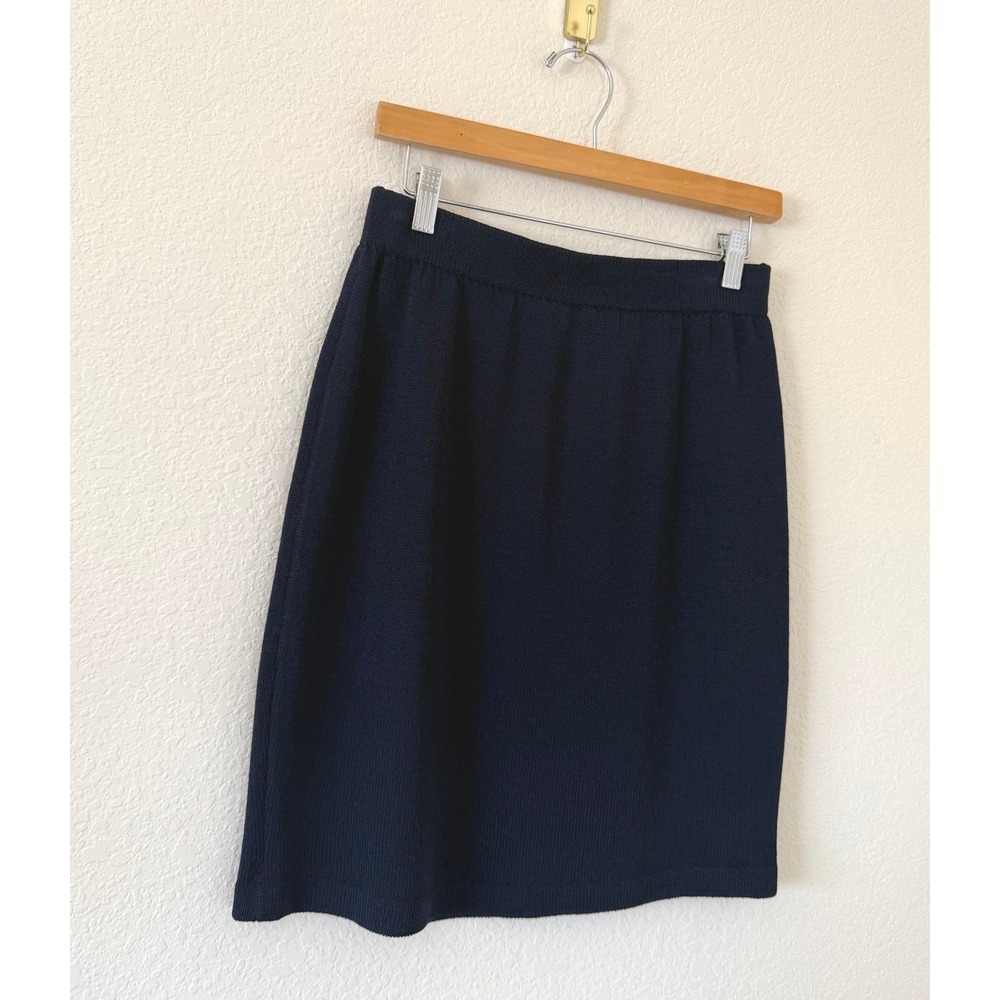 St John Basics Navy Blue Santana Knit Elastic Waist Straight Skirt Size 6 Luxury